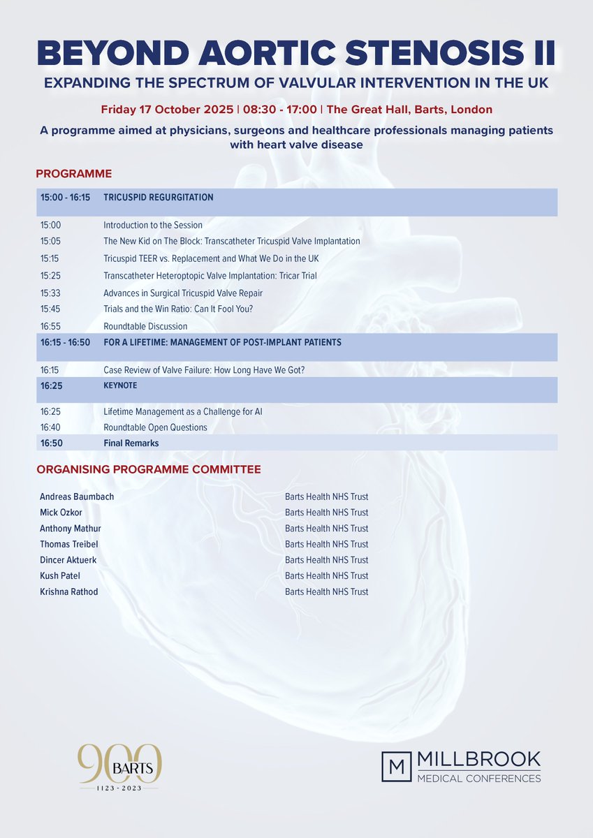 Programme now available for Beyond Aortic Stenosis II
17th October | St Bartholomew's Hospital

Must-see highlights, include:
• Case reviews on asymptomatic severe AS and multi-valve disease
• Sessions on Aortic Regurgitation, Mitral Regurgitation and Tricuspid Regurgitation
•