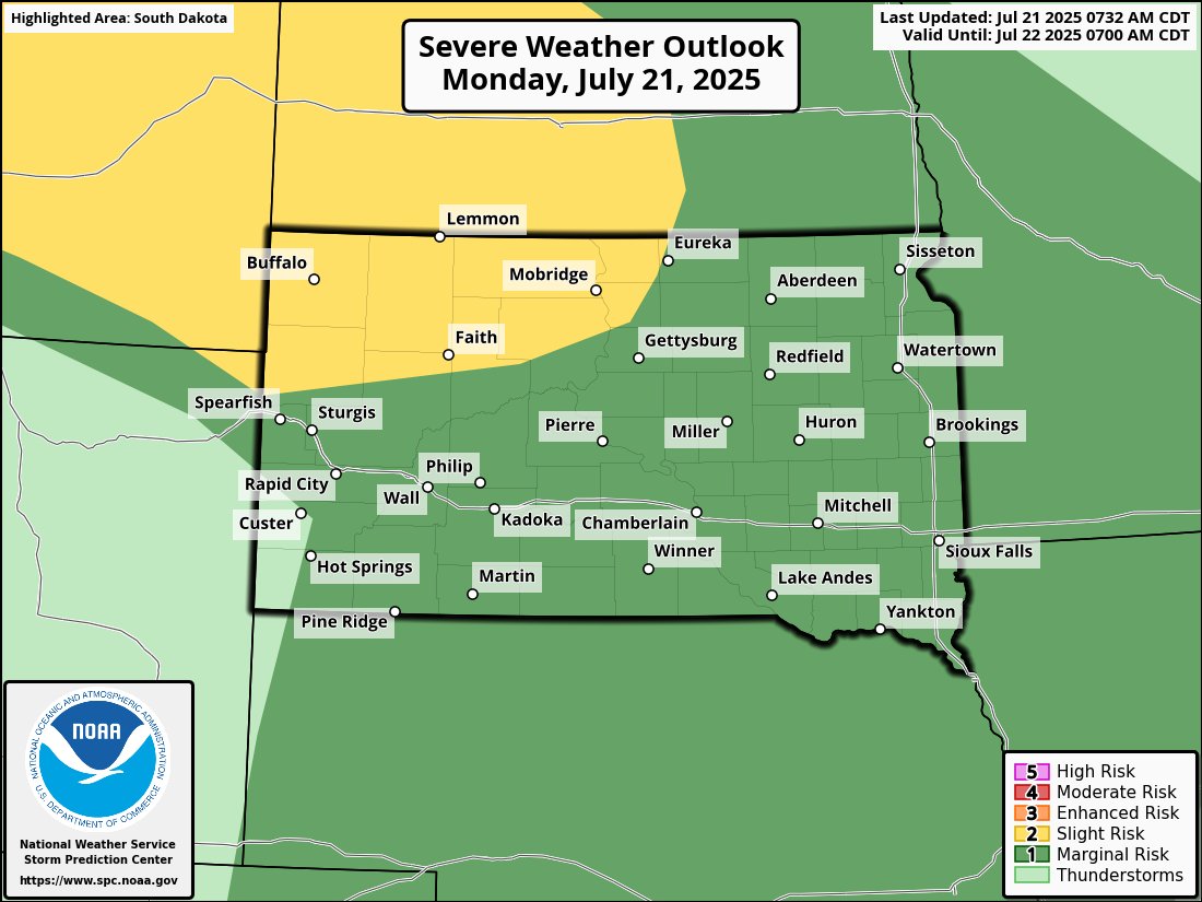 MyRadarWX's tweet image. ⚠️ Slight risk (2/5, yellow) for severe storms today across parts of the Northern Plains.
Storms could bring:
Large hail
A tornado or two
Damaging winds
From Montana into the Dakotas, storms may develop this afternoon and continue into tonight.