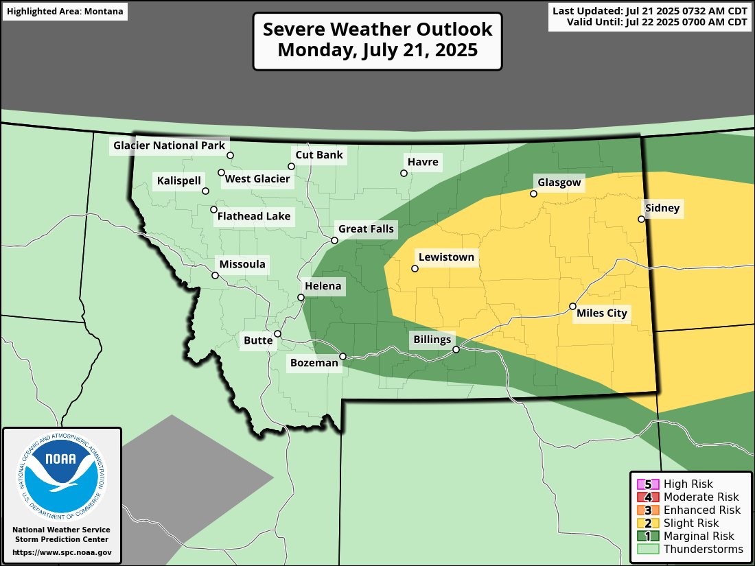 MyRadarWX's tweet image. ⚠️ Slight risk (2/5, yellow) for severe storms today across parts of the Northern Plains.
Storms could bring:
Large hail
A tornado or two
Damaging winds
From Montana into the Dakotas, storms may develop this afternoon and continue into tonight.