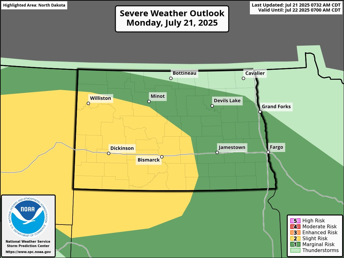 MyRadarWX's tweet image. ⚠️ Slight risk (2/5, yellow) for severe storms today across parts of the Northern Plains.
Storms could bring:
Large hail
A tornado or two
Damaging winds
From Montana into the Dakotas, storms may develop this afternoon and continue into tonight.