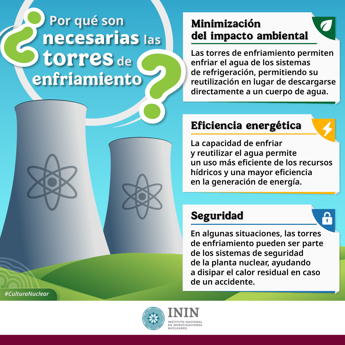 inin_mx's tweet image. Las torres de enfriamiento, en una planta nuclear, son estructuras diseñadas para reducir la temperatura del agua utilizada en la generación de energía eléctrica, permitiendo su reutilización y minimizando el impacto ambiental. #CulturaNuclear