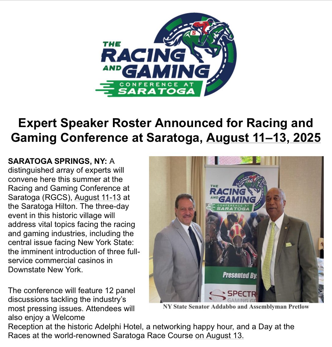 rgcsaratoga's tweet image. 🎙️ The expert speaker lineup is announced.
Join us 8/11–13 for the Racing and Gaming Conference at Saratoga. Industry leaders will tackle and debate the biggest challenges, including casino expansion in Downstate NY.
More here: 🔗 conta.cc/40rdSsi
#RGCS #Saratoga