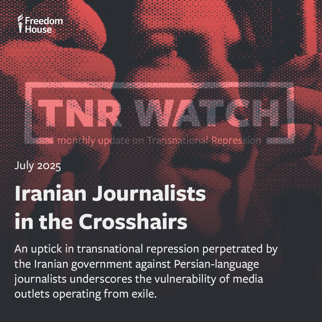freedomhouse's tweet image. 🟧 NEW TNR WATCH: Iran is escalating its campaign of #transnationalrepression against Iranian journalists operating from exile in the UK.
This month’s analysis focuses on the plight of exiled Iranian journalists and the need for international solidarity: freedomhouse.org/article/tnr-wa…