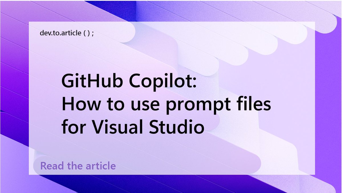 VisualStudio's tweet image. Dev tip: Use prompt files in Visual Studio to supercharge #GitHubCopilot
📁 Save reusable prompts
💬 Call them with #prompt:
Less typing, more coding. Learn more... 🔗 msft.it/6019Sh9kc
#VisualStudioNews