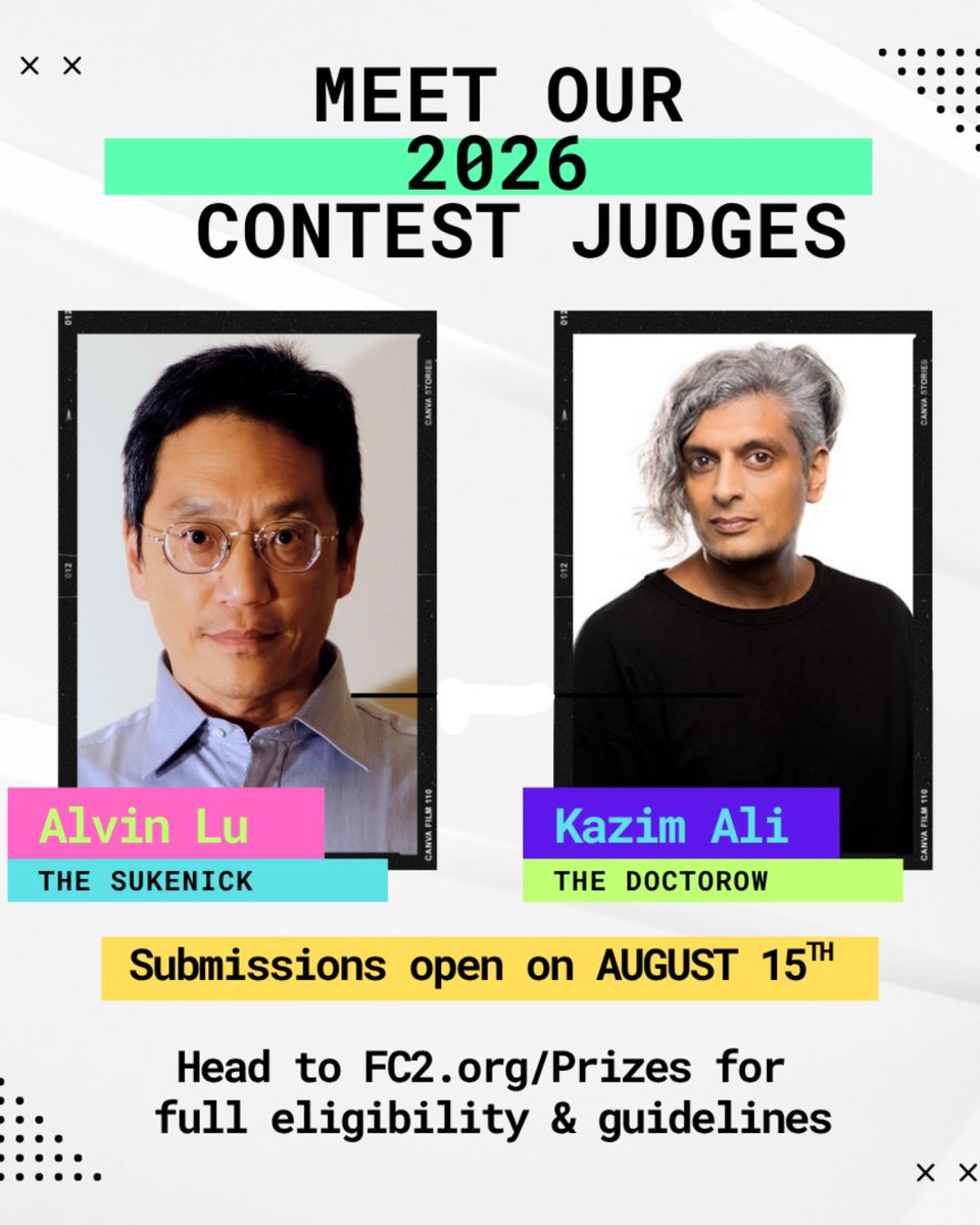 UnivofALPress's tweet image. Writers, it’s almost time! 🗓️ The annual @FCtwo contests open AUGUST 15! Submit your boldest, most genre-defying fiction to the Sukenick & Doctorow Prizes. Be part of the future of fiction! 💥✍️
Learn more:🔗 tinyurl.com/9wfzhfsy
#writingcontest #callforsubmissions #Writers