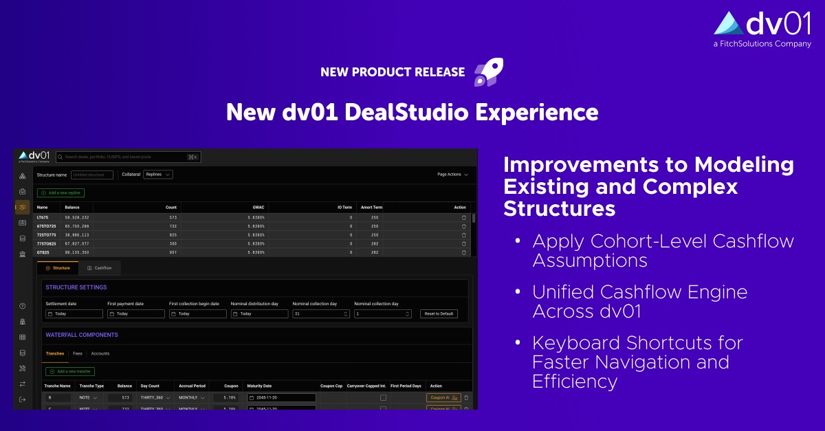 🚨 Product Update: The new dv01 DealStudio is live! Model securitizations faster—now with: 
🔹 Spreadsheet-style editing + keyboard shortcuts
🔹Cohort-level cashflow assumptions for any collateral field
🔹 Saved scenario reusability
dv01.freshdesk.com/support/soluti…
