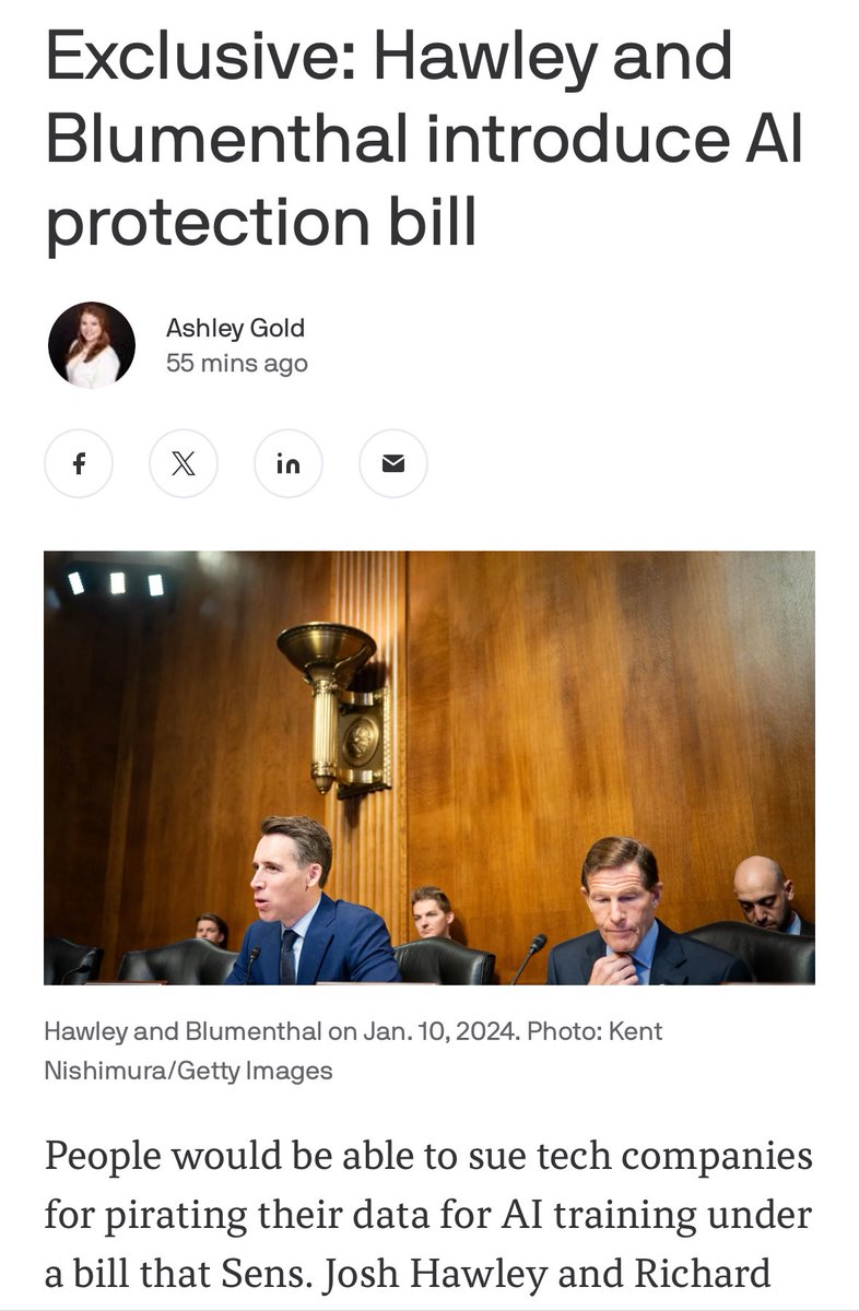 ednewtonrex's tweet image. Senators Hawley & Blumenthal are introducing a bill that would definitively make it illegal to train AI on copyrighted works without permission.
As a judge recently said, it is likely already illegal in many cases, and unlikely to qualify as ‘fair use’. But this would put an end…