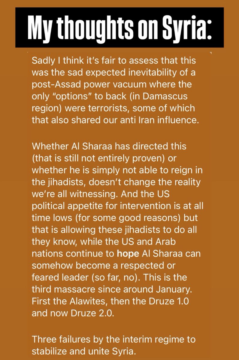 talk2trav's tweet image. My thoughts on Syria: Sadly I think it’s fair to assess that this was the sad expected inevitability of a post-Assad power vacuum where the only “options” to back (in Damascus region) were terrorists, some of which that also shared our anti Iran influence.
Whether Al Sharaa has…