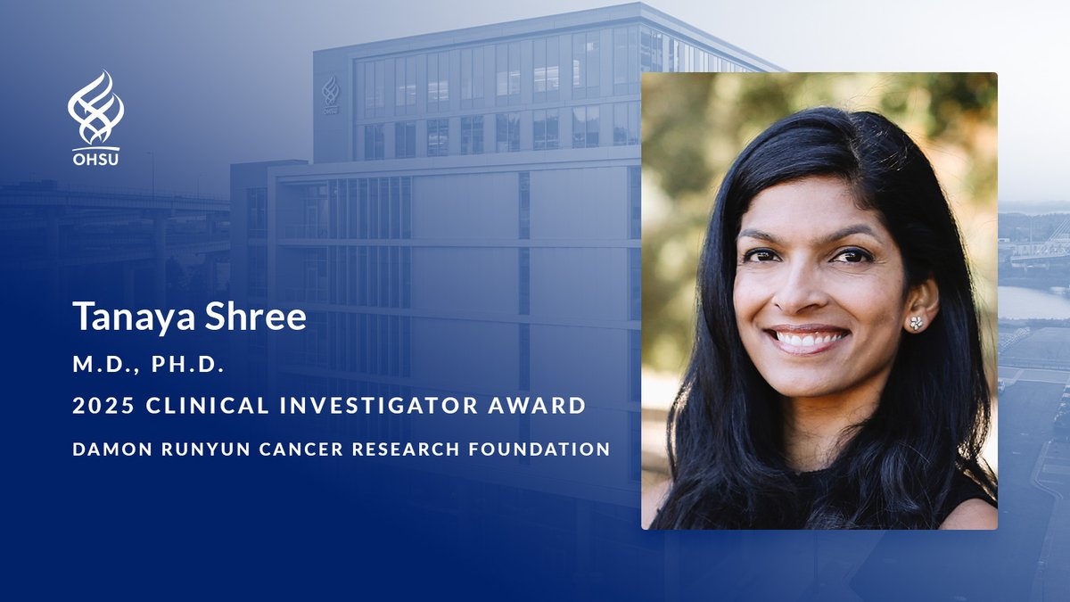 OHSU Knight Cancer Institute (@ohsuknight) on Twitter photo Congratulations to Dr. <a href="/tanaya_shree/">Tanaya Shree</a> on receiving the <a href="/DamonRunyon/">Damon Runyon Cancer Research Foundation</a> Clinical Investigator Award!
The recipients of this award are outstanding, early-career physician-scientists conducting patient-oriented cancer research under the mentorship of the nation's leading scientists. Congratulations to Dr. <a href="/tanaya_shree/">Tanaya Shree</a> on receiving the <a href="/DamonRunyon/">Damon Runyon Cancer Research Foundation</a> Clinical Investigator Award!
The recipients of this award are outstanding, early-career physician-scientists conducting patient-oriented cancer research under the mentorship of the nation's leading scientists.