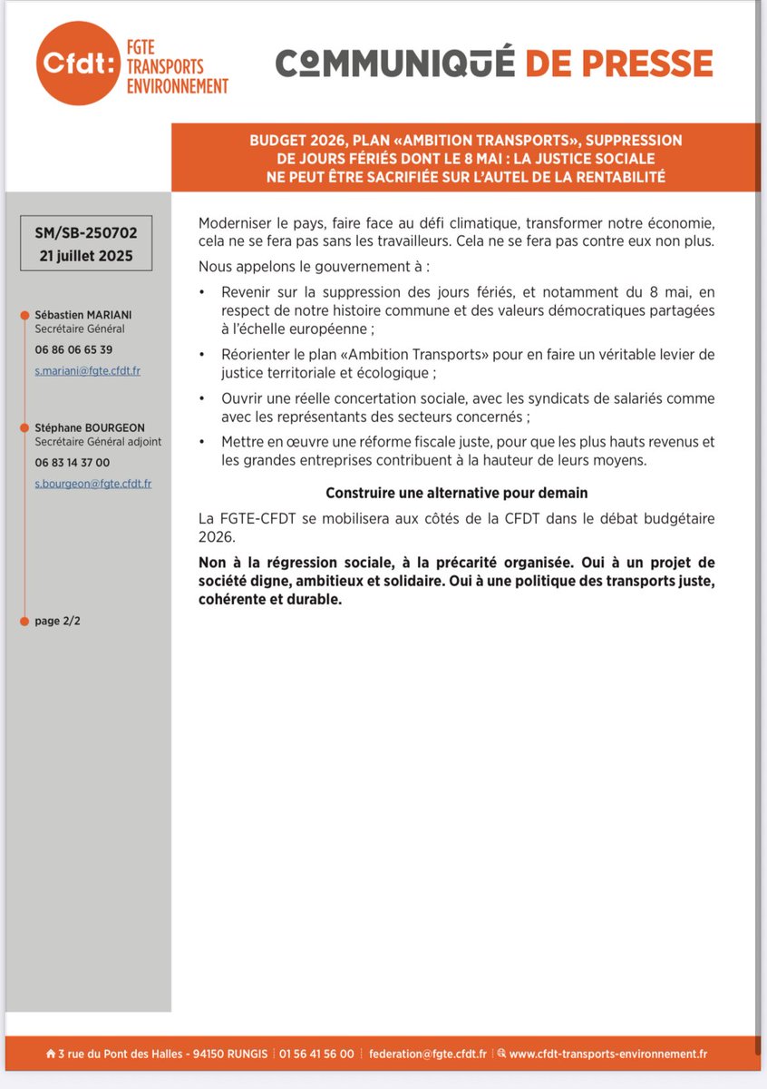 [BUDGET 2026]
🔉Nous appelons le <a href="/gouvernementFR/">Gouvernement</a> à
•Revenir sur la suppression des jours fériés
•Faire d’Ambition🇫🇷Transports 1 levier de justice sociale par 1 concertation avec les syndicats
•Porter 1 réforme fiscale juste
Nous nous mobiliserons avec la <a href="/CFDT/">CFDT</a> sur le #PLF2026