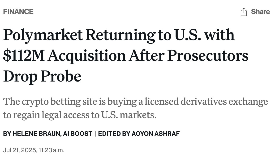🚨 BREAKING: Polymarket riacquista QCEX per 112 milioni di dollari e torna negli Stati Uniti