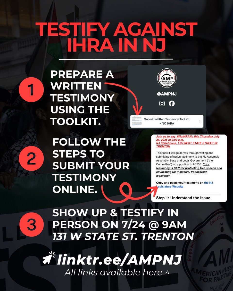 PAL_Awda's tweet image. 🚨 NO IHRA IN NJ — THURSDAY 7/24
The NJ Assembly is pushing A3558 again—a bill that adopts the IHRA definition, which threatens free speech & Palestinian advocacy.
🛑 We must stop it.
A vote is scheduled in committee THIS THURSDAY.
1️⃣ EMAIL THE COMMITTEE
📬 Urge members to vote…