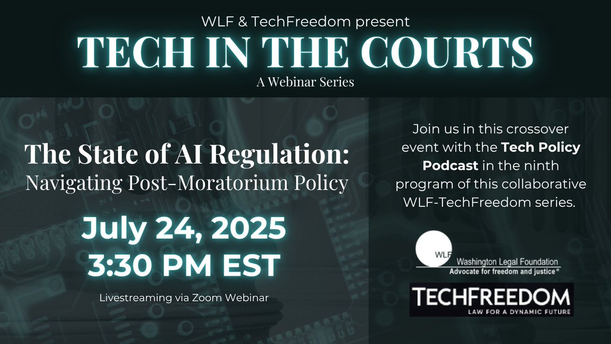 Washington Legal Foundation (@wlf) on Twitter photo The Senate just dropped the “AI moratorium” from a major federal package, leaving room for states to regulate AI. Hear <a href="/TechPolicyPdcst/">Tech Policy Podcast</a> 's Corbin Barthold and Andreessen Horowitz's Matt Perault discuss more in our webinar on July 24 at 3:30pm! REGISTER: lnkd.in/e8xFRfEQ The Senate just dropped the “AI moratorium” from a major federal package, leaving room for states to regulate AI. Hear <a href="/TechPolicyPdcst/">Tech Policy Podcast</a> 's Corbin Barthold and Andreessen Horowitz's Matt Perault discuss more in our webinar on July 24 at 3:30pm! REGISTER: lnkd.in/e8xFRfEQ
