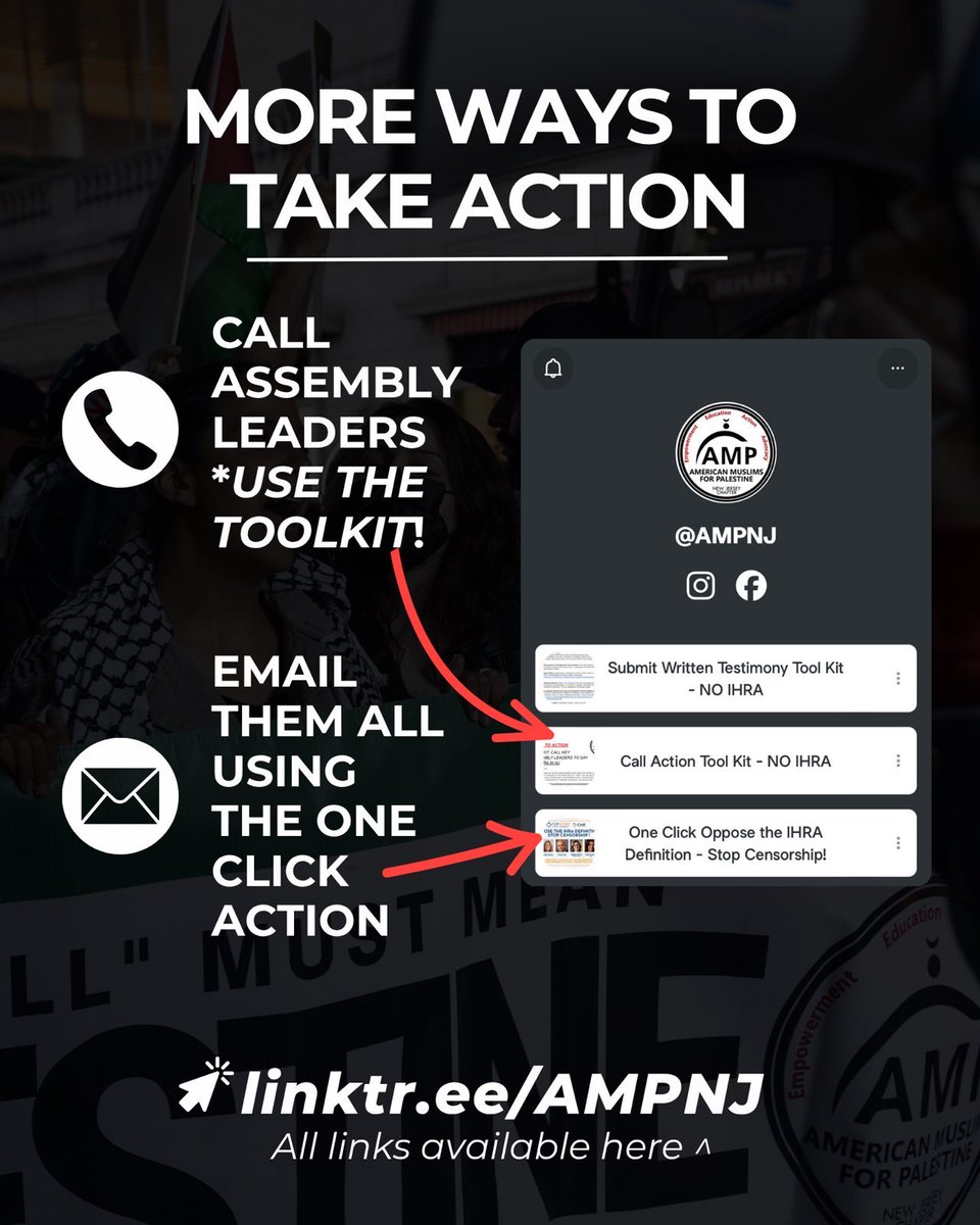 PAL_Awda's tweet image. 🚨 NO IHRA IN NJ — THURSDAY 7/24
The NJ Assembly is pushing A3558 again—a bill that adopts the IHRA definition, which threatens free speech & Palestinian advocacy.
🛑 We must stop it.
A vote is scheduled in committee THIS THURSDAY.
1️⃣ EMAIL THE COMMITTEE
📬 Urge members to vote…