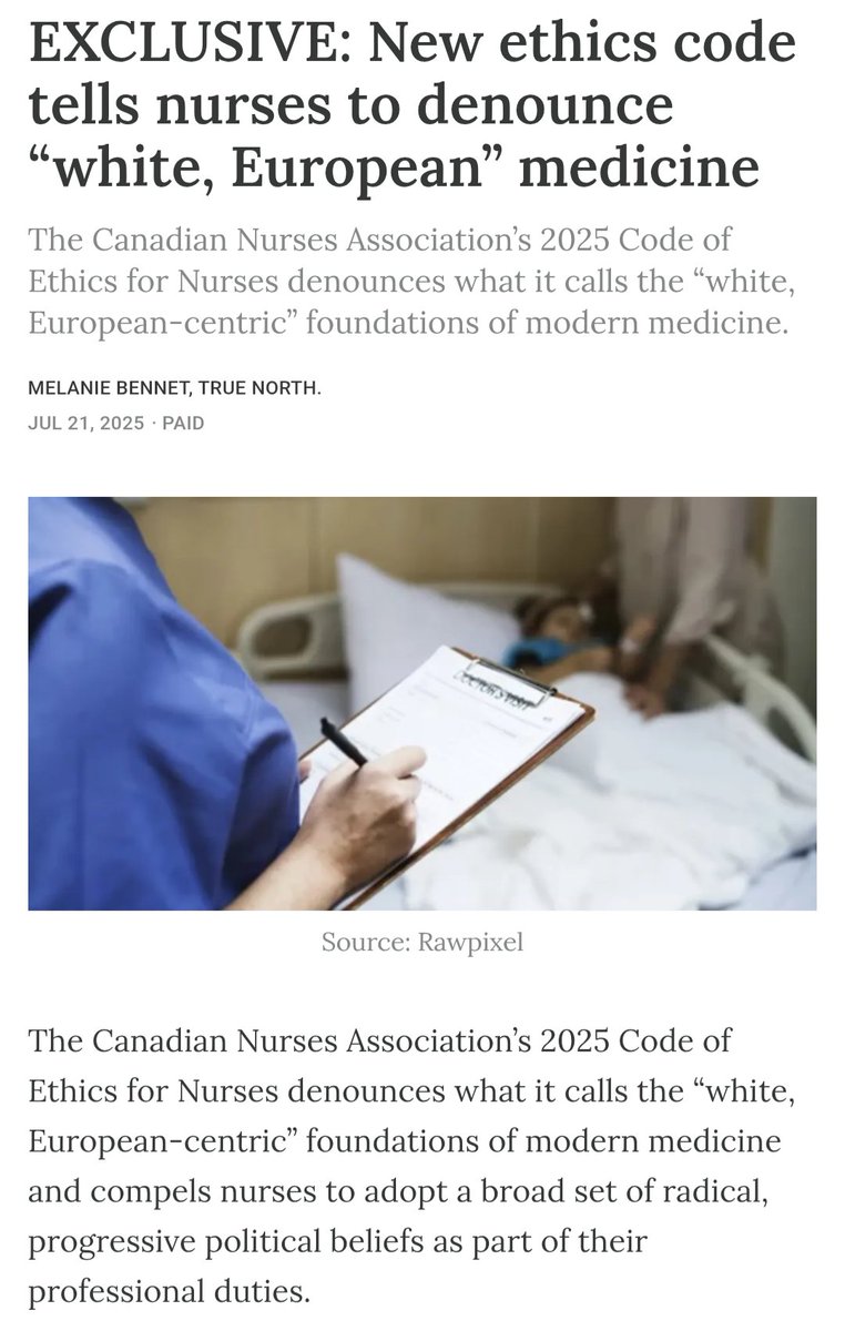 cosminDZS's tweet image. Nurses in Canada now have to denounce “white, European-centric” medicine as part of their professional ethics obligations.
The Canadian Nurses Association 2025 Code of Ethics is a far-left loyalty oath, not a guide for healthcare professionals!
junonews.com/p/new-ethics-c…