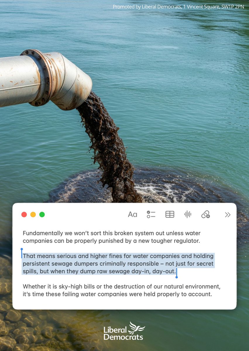 LibDems's tweet image. Scrapping Ofwat is a good first step. But we need a tough, new regulator.
Whether it is sky-high bills or the destruction of our natural environment, it’s time these failing water companies were held properly to account.