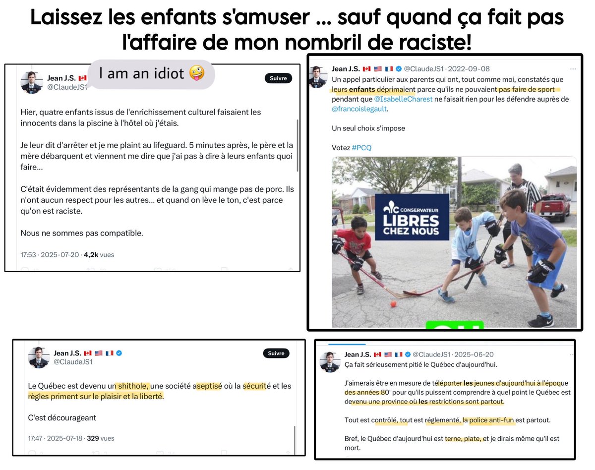 NaniMambo's tweet image. Le Québec est un trou aseptisé à cause des règles et la police anti-fun, sauf que lui voit des enfants s’amuser dans une piscine et court se plaindre. Liberté mais seulement pour les bons Québécois, pas pour ceux qui mangent pas de porc. Un tyran qui se prend pour un rebelle!