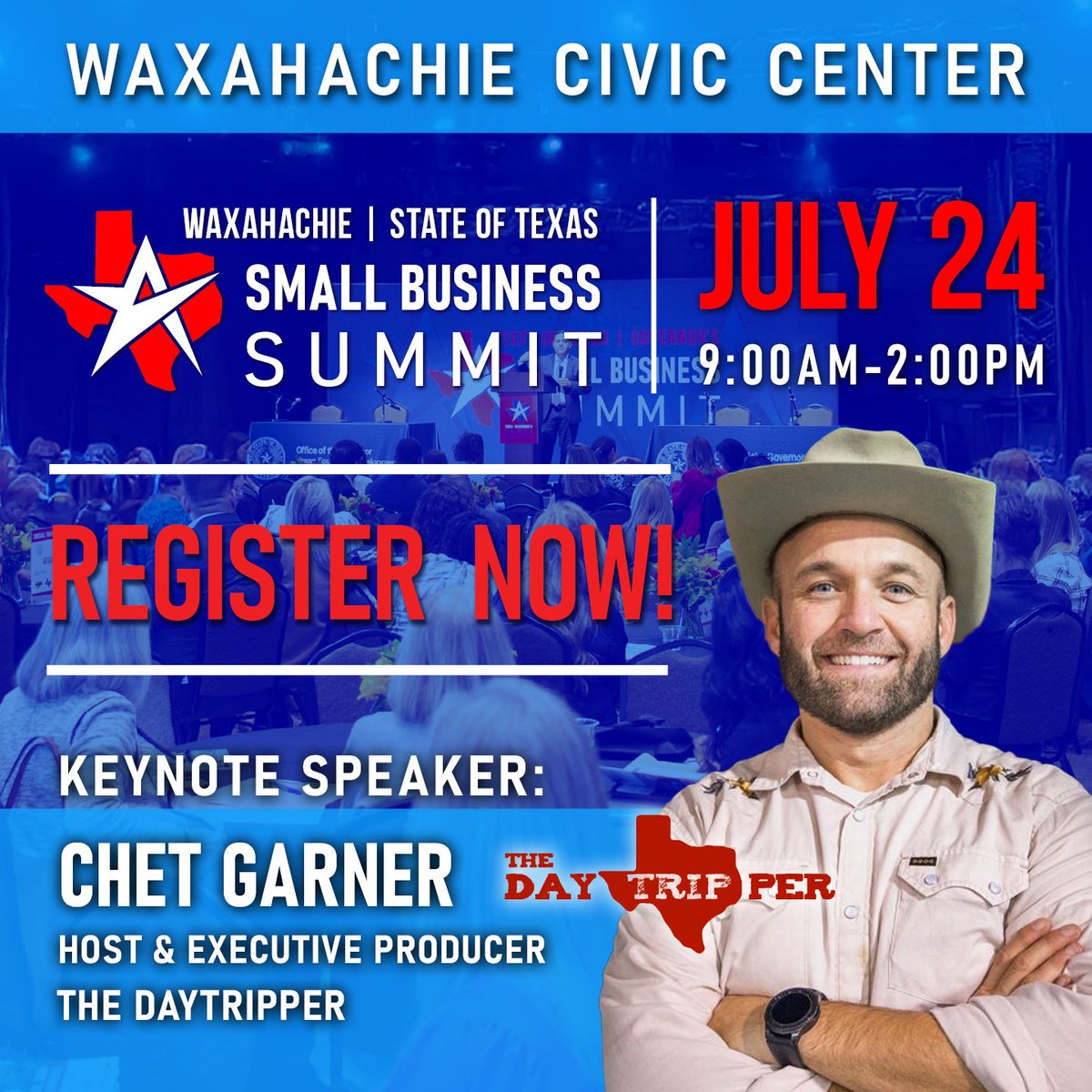 TexasEconDev's tweet image. There’s still time to register for this week’s Governor’s #SmallBusinessSummit in Waxahachie! Hear from the one-and-only @ChetTripper, Creator, Host and Executive Producer of The Daytripper as our keynote speaker! Plus, panel sessions on a multitude of small business topics.…