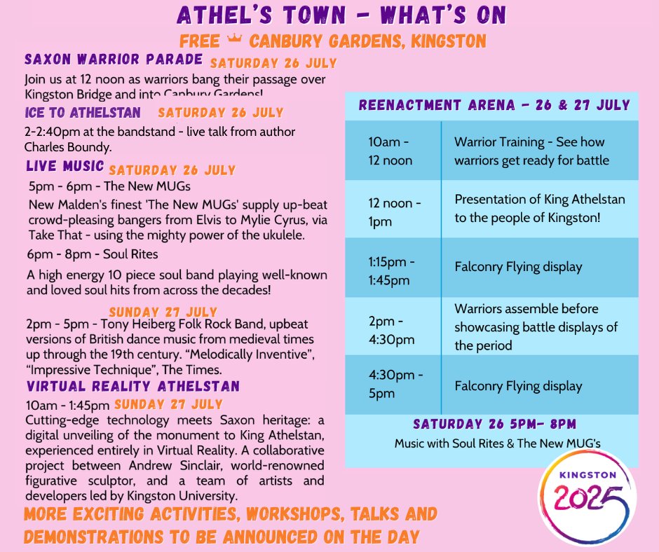 RBKingston's tweet image. What's on at Athel's Town this weekend - 26-27 July #Kingston2025
Free event, Canbury Gardens, Kingston.
Not to be missed!
#Kingston #What's on