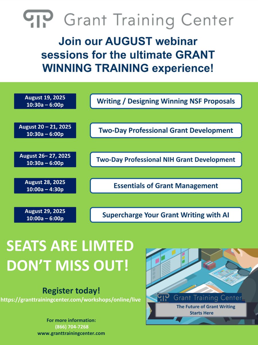 GrantTrainingDC's tweet photo. Join our AUGUST webinar sessions for the ultimate GRANT WINNING TRAINING experience! #GrantWriting #WinGrants #Foundation #Grants Register here: https://t.co/IAC848zYQZ https://t.co/jItC8jQHqz