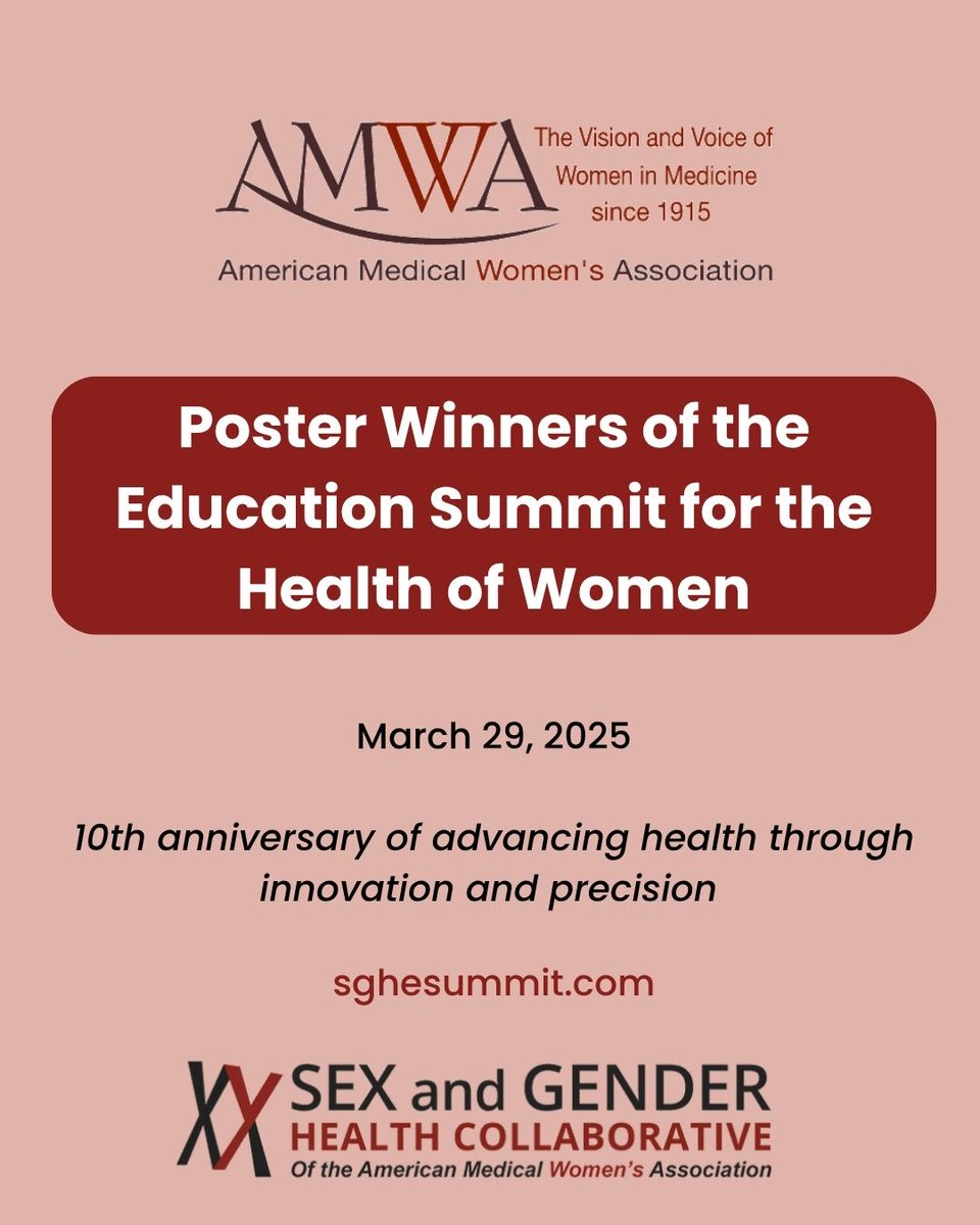 AMWADoctors's tweet image. Congratulations to the poster winners of the Education Summit for Women's Health 🎉
🩺. Help us keep accurate medical education accessible for all healthcare trainees and professionals. Your support counts! Donate now at vist.ly/3ymin #SGHC #AMWA