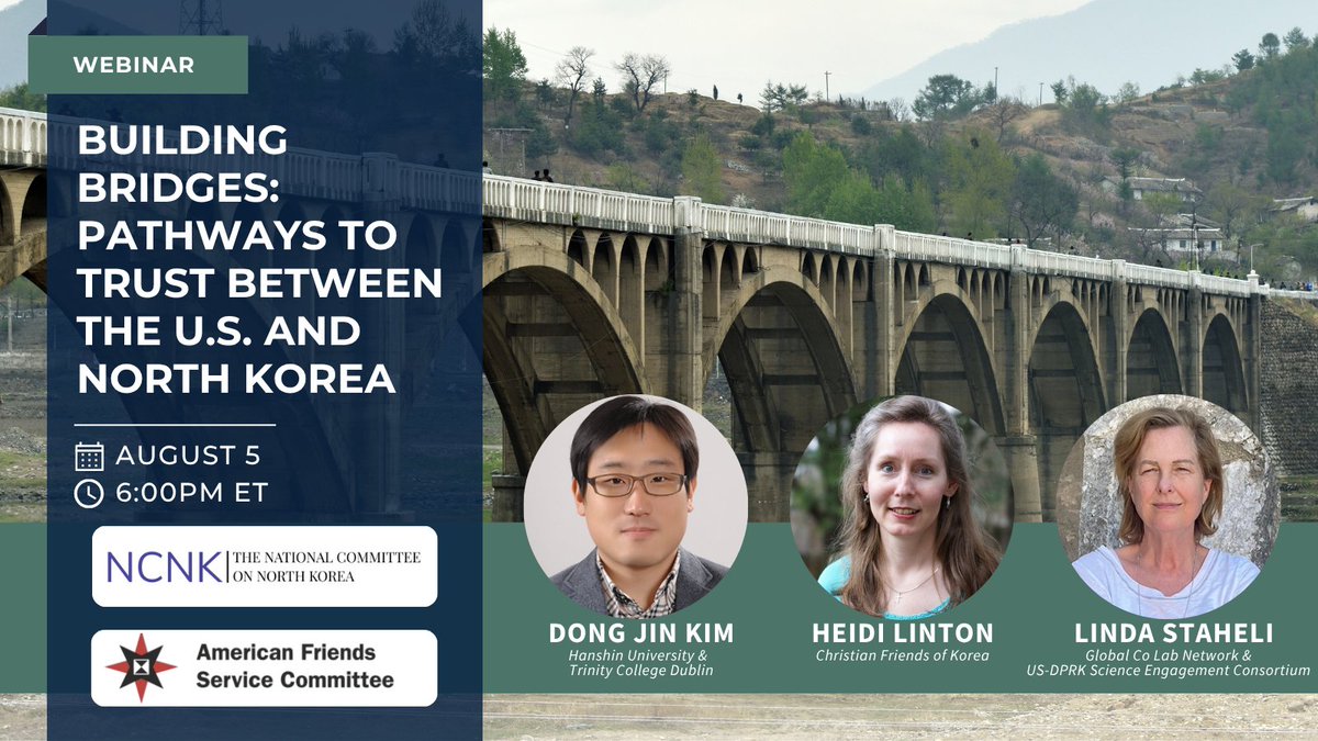 austinrheadrick's tweet image. Come join the @afsc_org and @NCNKorea for this panel discussion on the role of trust in advancing both humanitarian efforts and diplomatic progress between the U.S. and North Korea.
📅 August 5
⏰ 6:00pm EST
🔗 Register bit.ly/3ITppKK