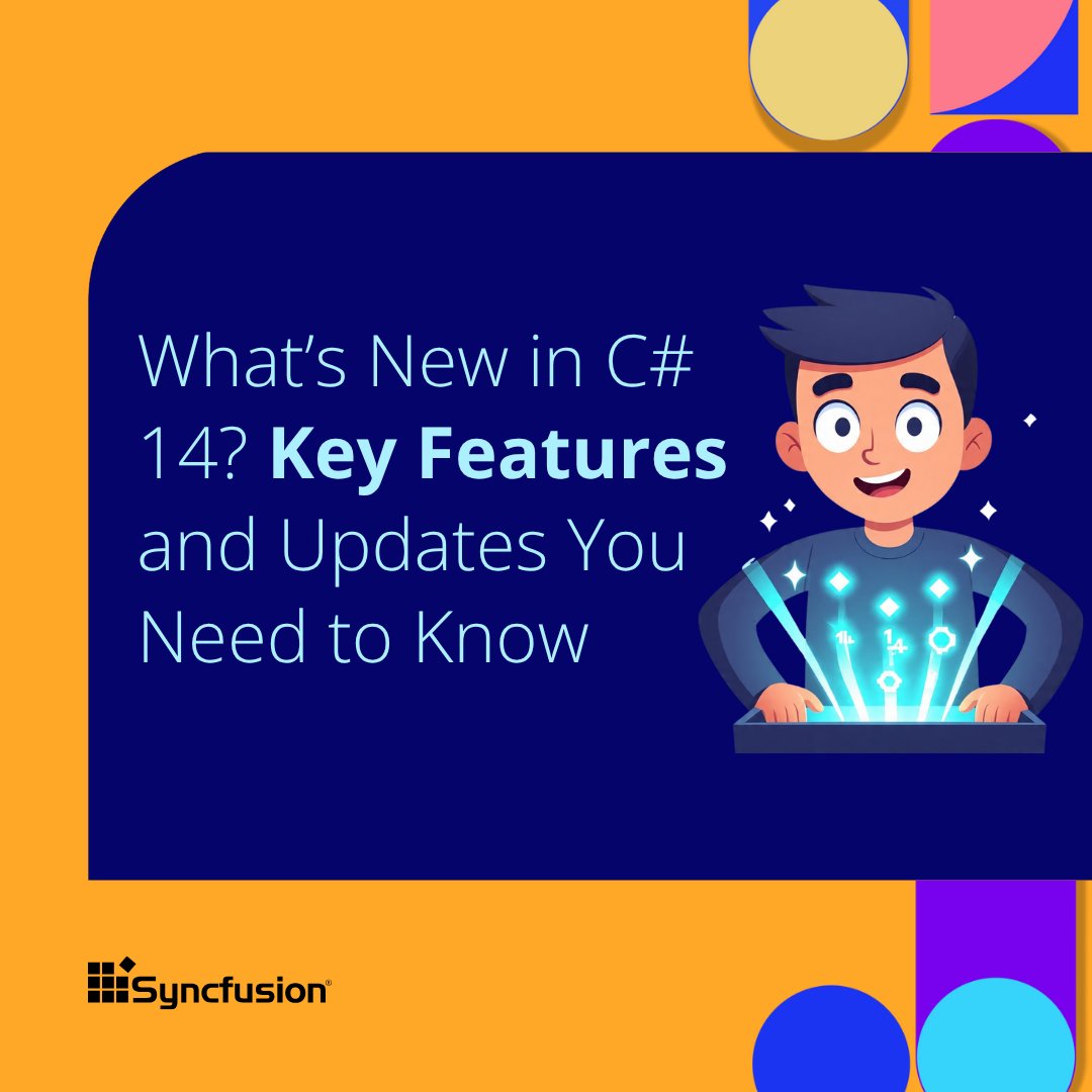 Syncfusion's tweet image. C# 14 lands this November, and it’s bringing some game-changing improvements for developers.
Let’s check out the highlights! …👇
#CSharp14 #DotNet10 #Developers
(1/8)