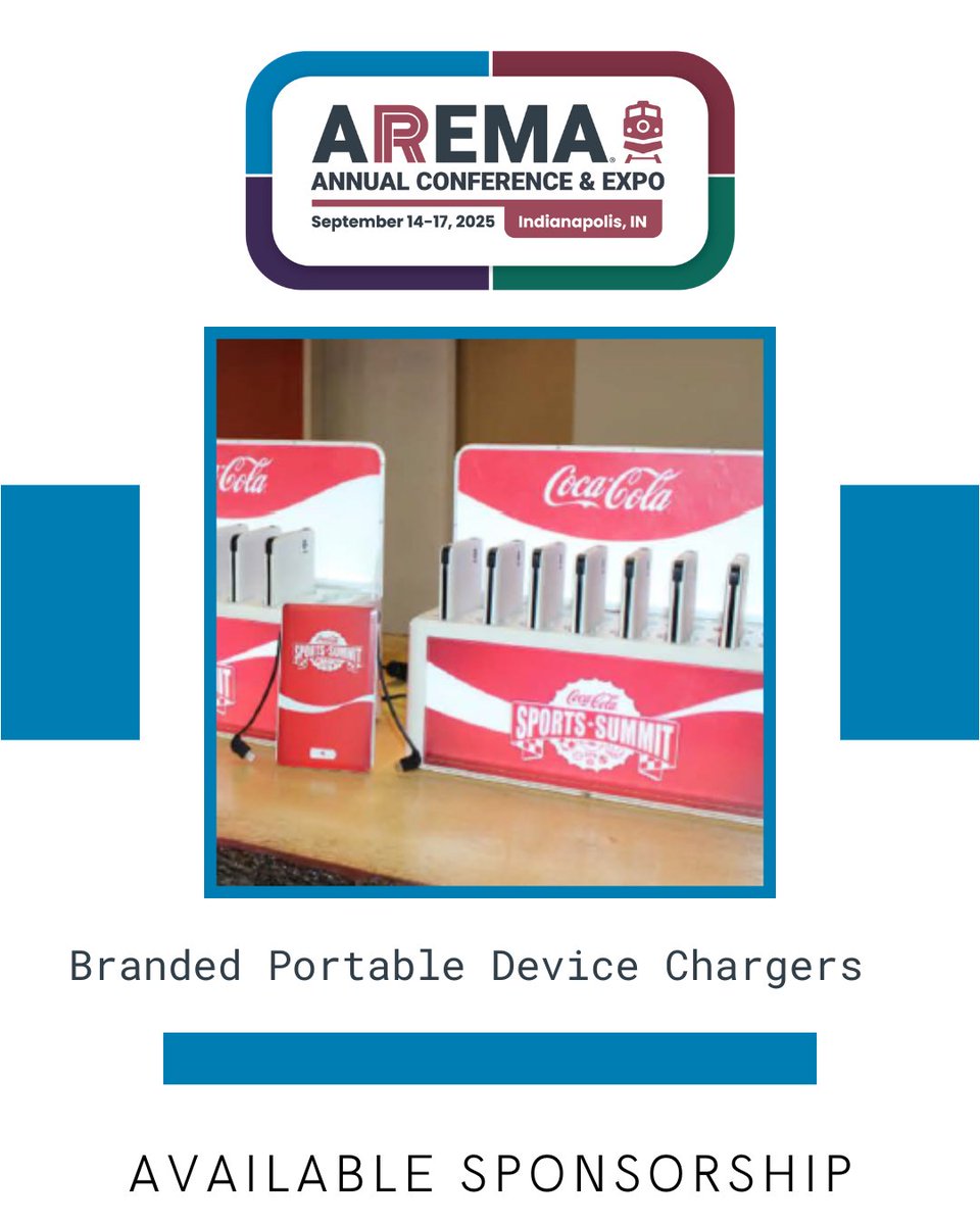 Put your brand in attendees' hands at #AREMA2025!

Sponsor Branded Chargers for premium exposure 🌟
✅ Logo on kiosks &amp;amp; tables
✅ Platinum benefits (ad, attendee list, signage, + more!)
🚨 Only 1 spot available!

Reserve now 👉 zurl.co/dWJ7W

#RailwayEngineering