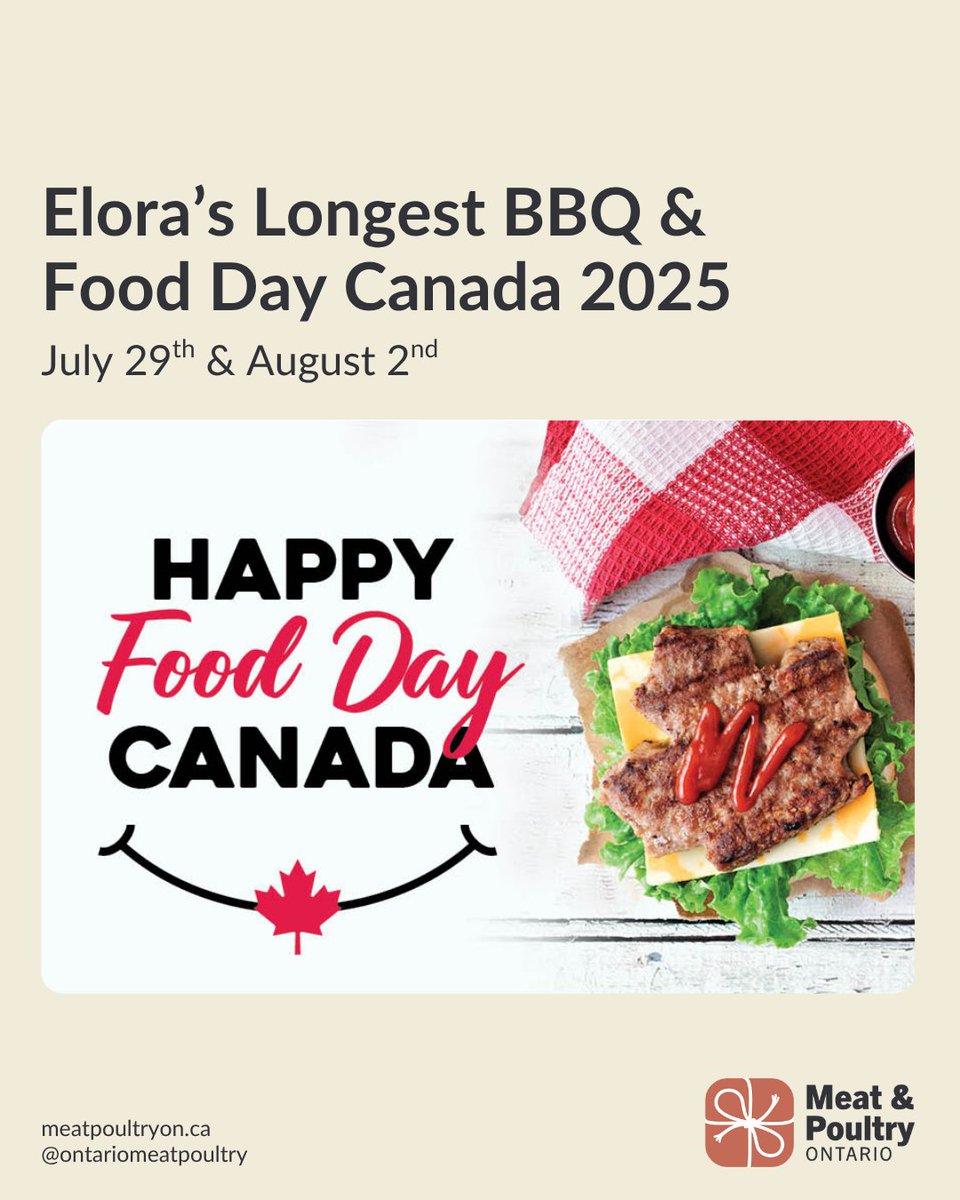 #Meatlovers - will you be there?🔥
#FoodDayCanada &amp; Elora’s Longest BBQ are calling!

Let’s celebrate the people behind #Ontariosfood: butchers, processors, farmers, and retailers.

🗓 July 29 – #ElorasLongestBBQ
🗓 August 2 – Food Day Canada
🔗 shorturl.at/Fj8j1

 #MPO