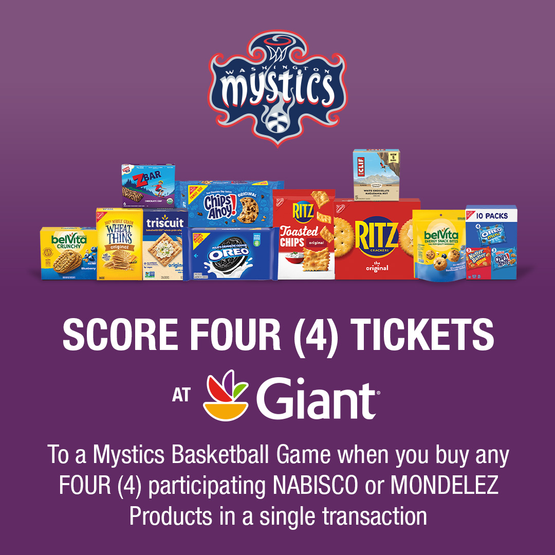 WashMystics's tweet image. Nothing sweeter than the 'Stics and snacks 🍪
Purchase any four NABISCO or MONDELEZ products at Giant to score FOUR tickets to a Mystics game!