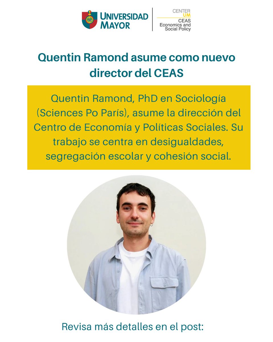 CEASumayor's tweet image. Quentin Ramond asume la dirección del CEAS de la @umayor_. Quentin es doctor en sociología por la Universidad de Sciences Po París, Francia. Su trabajo se enfoca en desigualdades, segregación escolar y cohesión social. Conoce más sobre su trabajo acá: sites.google.com/view/quentinra…
