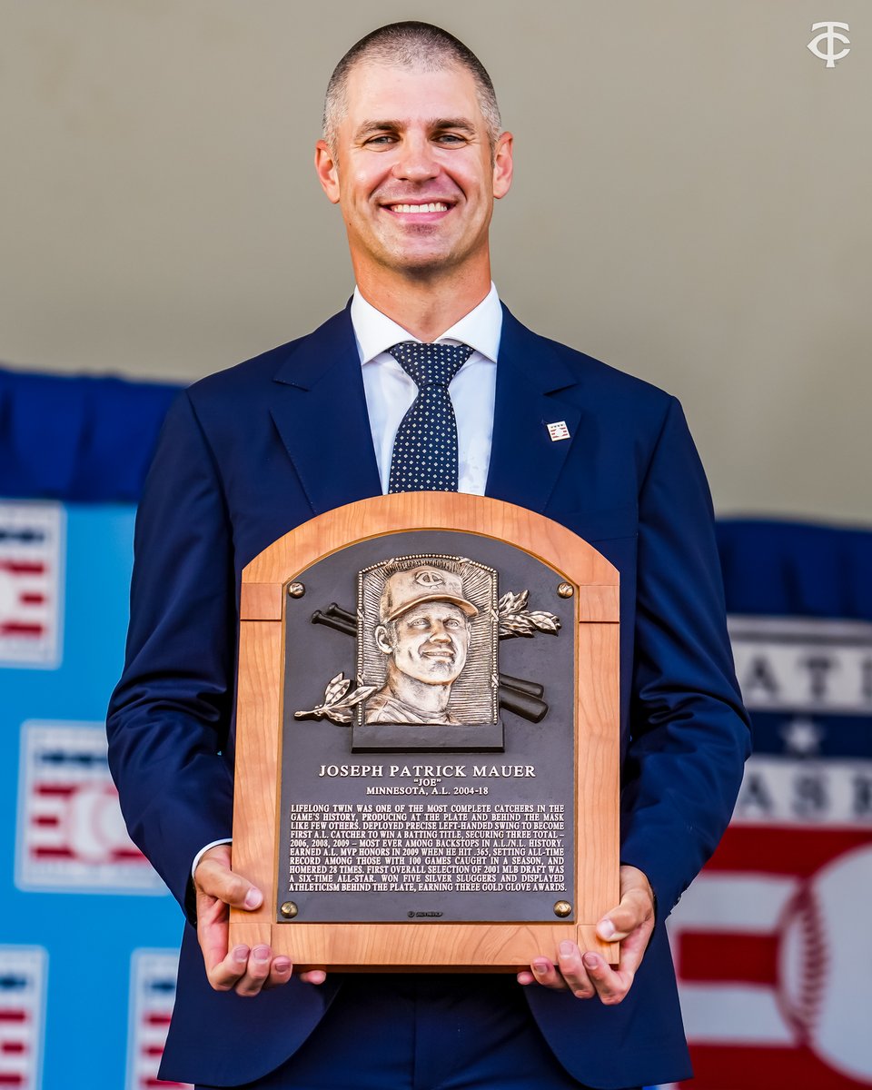 Twins's tweet image. One year ago today, Joe Mauer was inducted into the @baseballhall!