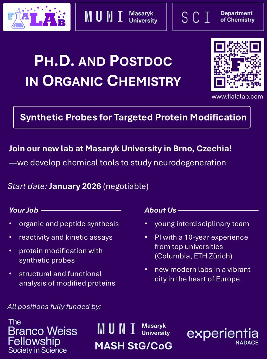 TomFiaLAB's tweet image. We have multiple PhD and Postdoc positions open in my new group at Masaryk University. Are you an excellent and motivated candidate interested in organic and peptide synthesis and chemical biology? Get in touch! Start in January 2026. fialalab.com
Appreciate sharing!