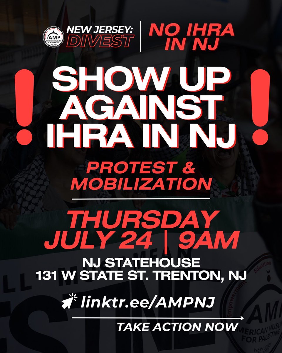 PAL_Awda's tweet image. 🚨 NO IHRA IN NJ — THURSDAY 7/24
The NJ Assembly is pushing A3558 again—a bill that adopts the IHRA definition, which threatens free speech & Palestinian advocacy.
🛑 We must stop it.
A vote is scheduled in committee THIS THURSDAY.
1️⃣ EMAIL THE COMMITTEE
📬 Urge members to vote…