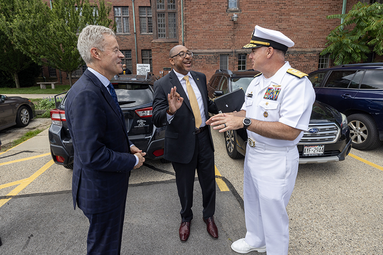 UWMAlumni's tweet image. As part of Milwaukee&apos;s Navy Week, Rear Admiral Matthew Pottenburgh made two stops at UWM to highlight the Navy’s partnership with UWM on educating veterans and in research to advance all-electric ships.

Learn more about his visit here:
bit.ly/3IDb2tX