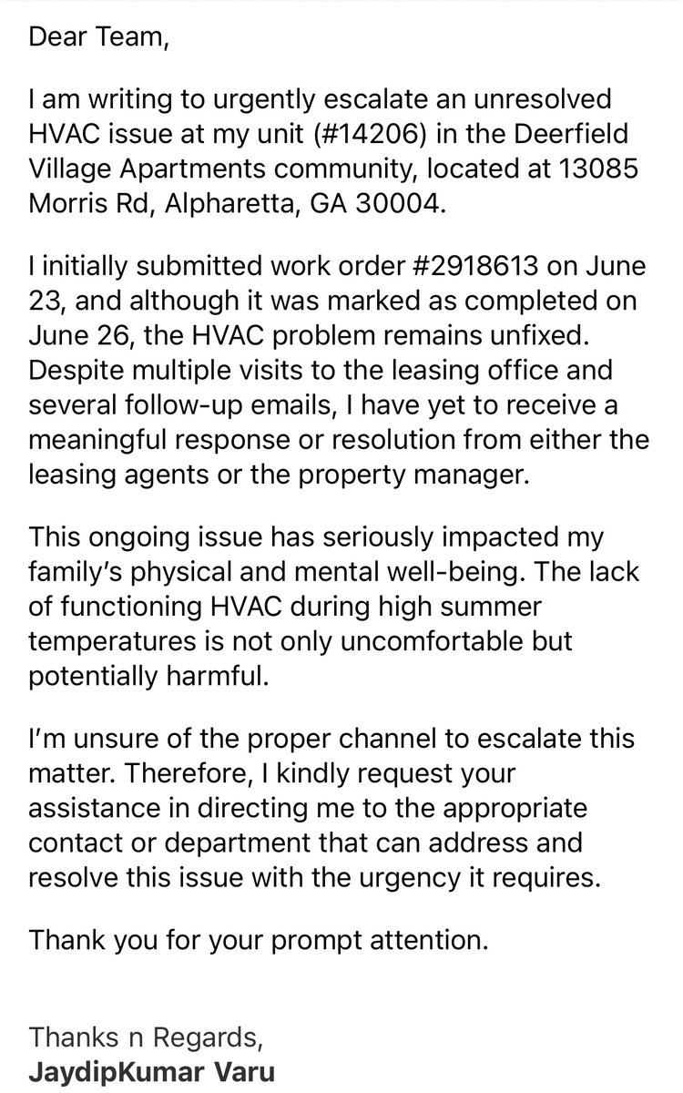 Jdvaru1's tweet photo. @WatertonCareers 
Urgently escalate an unresolved HVAC issue at my unit #14206 in the Deerfield Village, located at 13085 Morris Rd, Alpharetta, GA 30004.
I submitted wo #2918613 on 6/23, and although it was marked as completed on 6/26, HVAC problem remains unfixed. https://t.co/LRyf5NmPYS