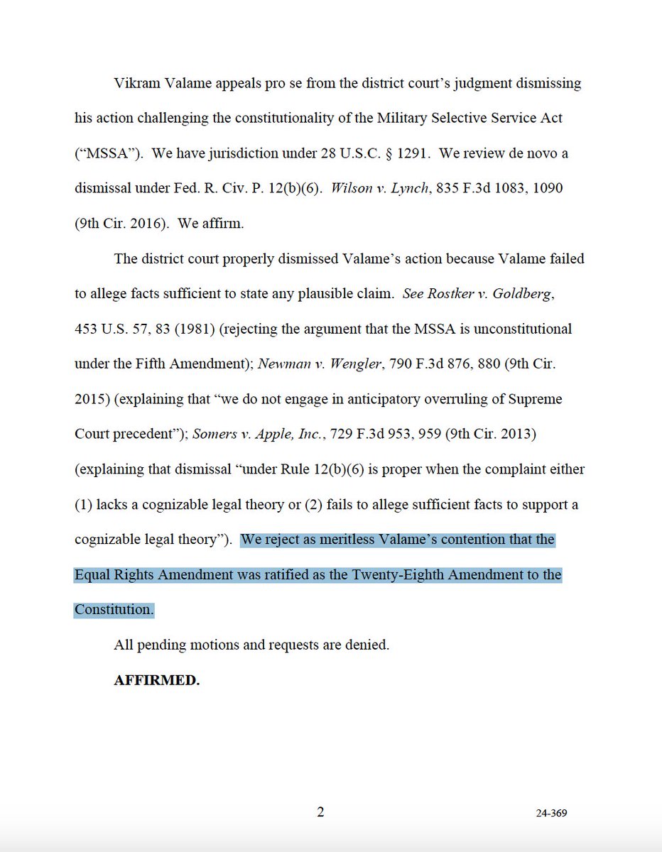 JCNSeverino's tweet image. ICYMI: Last week, the U.S. Court of Appeals for the Ninth Circuit rejected the claim that the Equal Rights Amendment was ratified as the 28th Amendment to the Constitution.
That’s right, this crazy legal theory is beyond the pale even the Ninth Circuit, not to mention Justice…