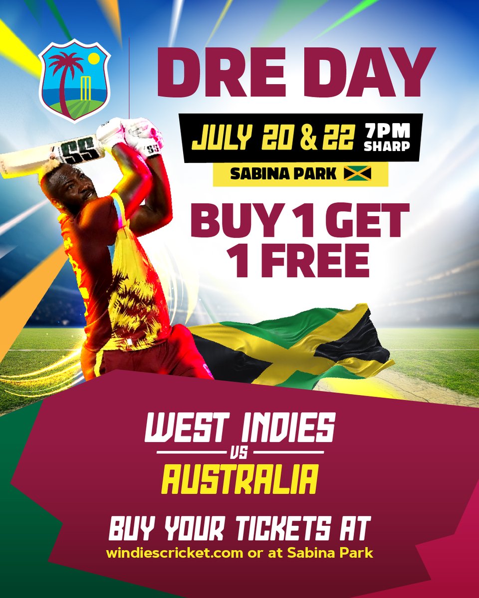 windiescricket's tweet image. TOMORROW is #𝑫𝑹𝑬𝑫𝑨𝒀 at Sabina Park!! 🏟️
🎟 TICKETS ARE BUY 1 GET 1 FREE!
Come out and celebrate Dre Russ as he plays his final match in Maroon! 🌴🏏
Get Your Tickets at:
windiescricket.com or Sabina Park!