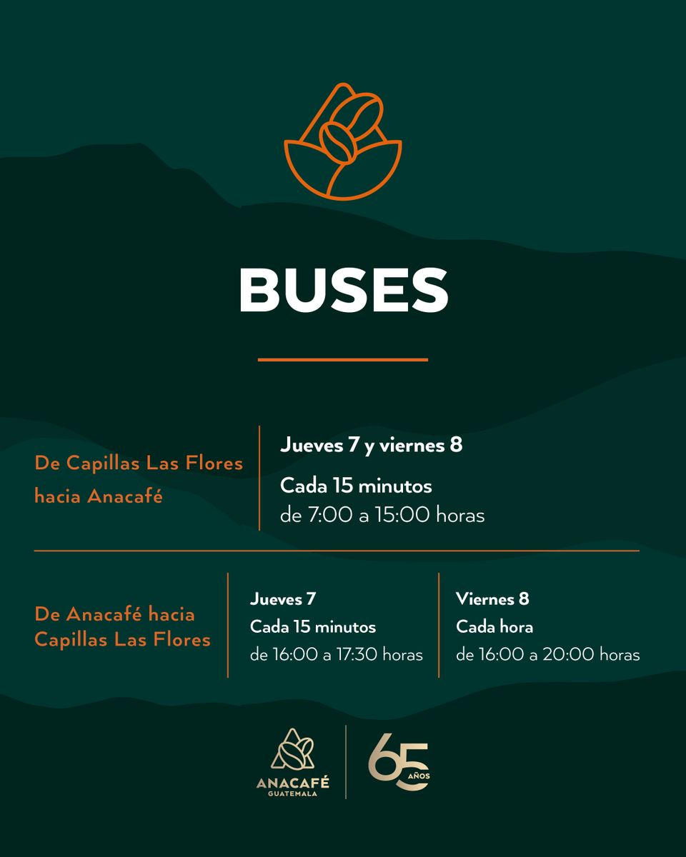 🚗🚌 CAFEX 2025 | Información de parqueo
y transporte
Para facilitar su visita al 34 Congreso de la Caficultura,

Anacafé pone a su disposición servicio de parqueo y
buses gratuitos desde Capillas Las Flores (Av. Las
Américas, zona 13).
📍 Parqueo habilitado

▪ Jueves 7 de