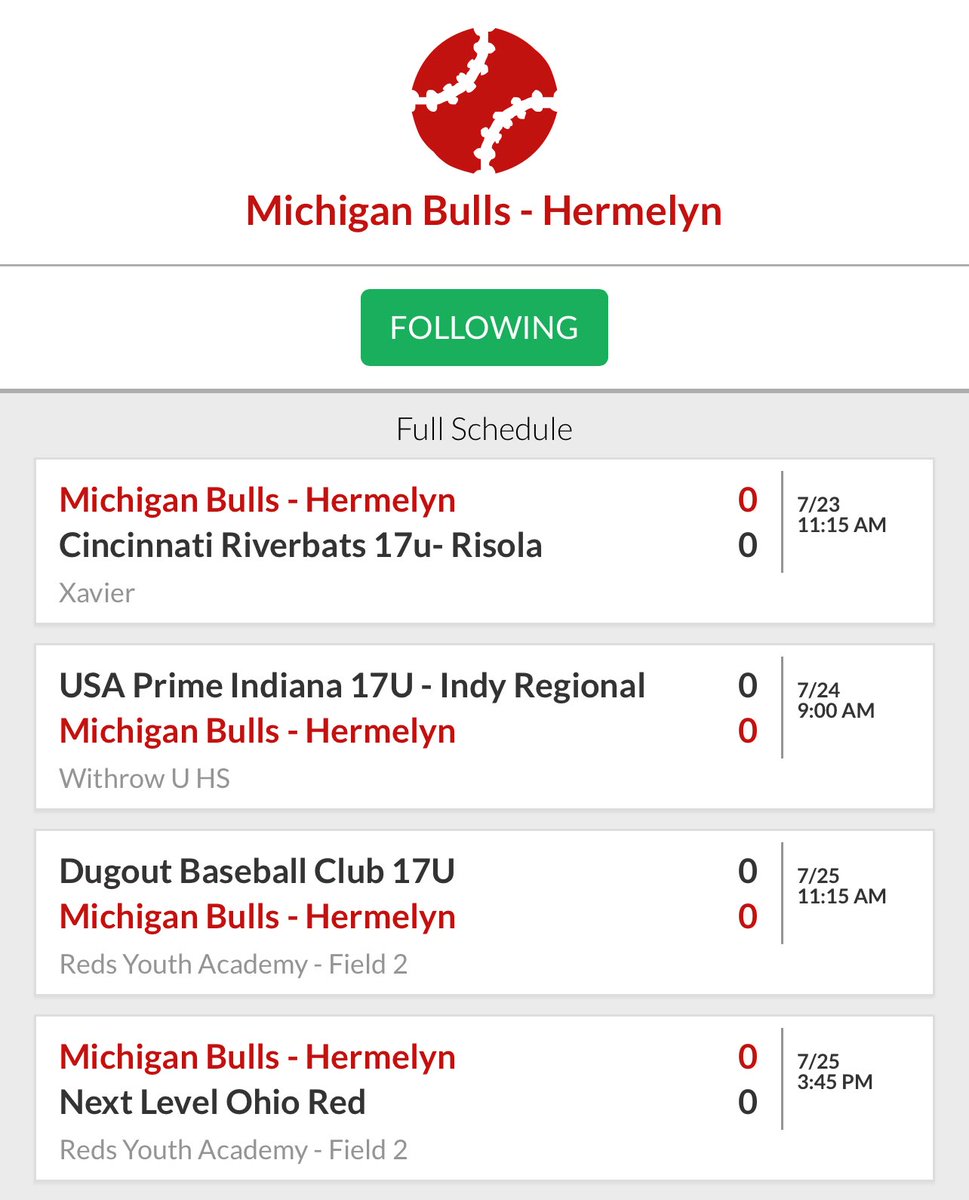 I’ll be in Cincinnati this week for the Pastime National Championship. 
Here is my schedule for the upcoming event

<a href="/anthonyhermelyn/">anthony hermelyn</a> <a href="/17UMichBulls/">Michigan Bulls 17u - Hermelyn</a>