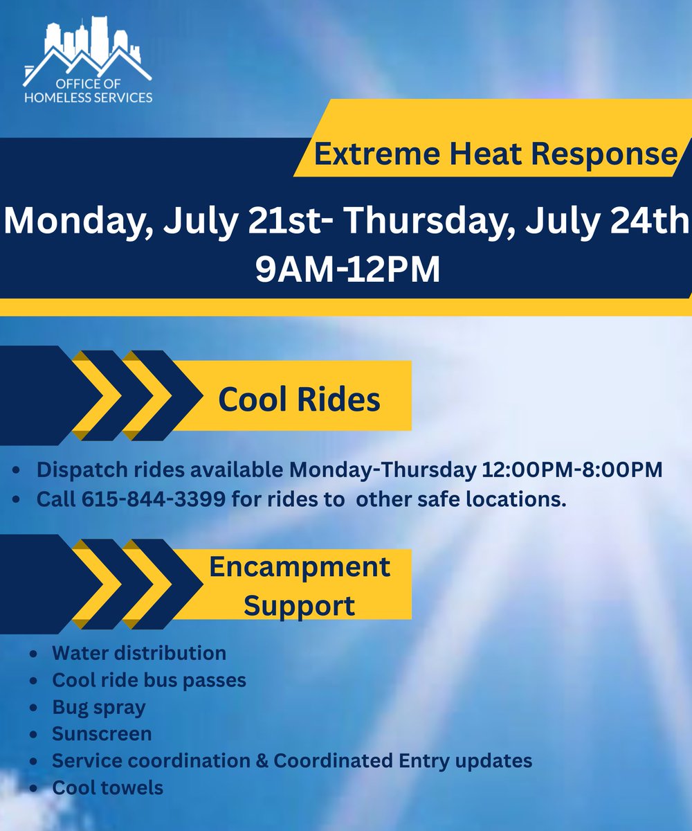NC5_LelanStatom's tweet image. Metro Nashville’s Office of Homeless Services Activates 2025 Community Heat Response
Cooling Shelters, Cool Rides and other Supportive Services