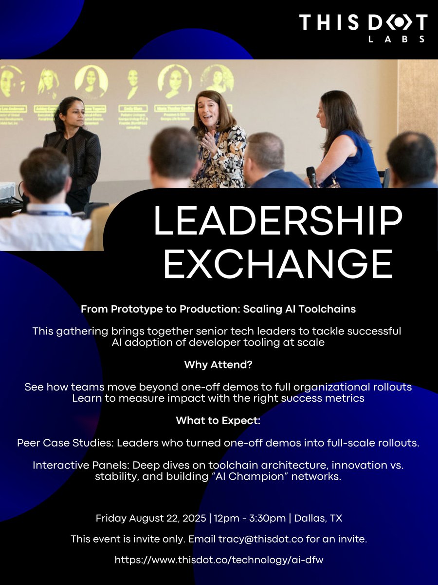 ThisDotLabs's tweet image. Every engineering leader wants AI to improve productivity. But without a plan for implementation, metrics, and change management, most efforts stall.
At the AI Leadership Exchange – Dallas, we’re focusing on what matters:
• How to move from pilot to rollout
• Metrics that…