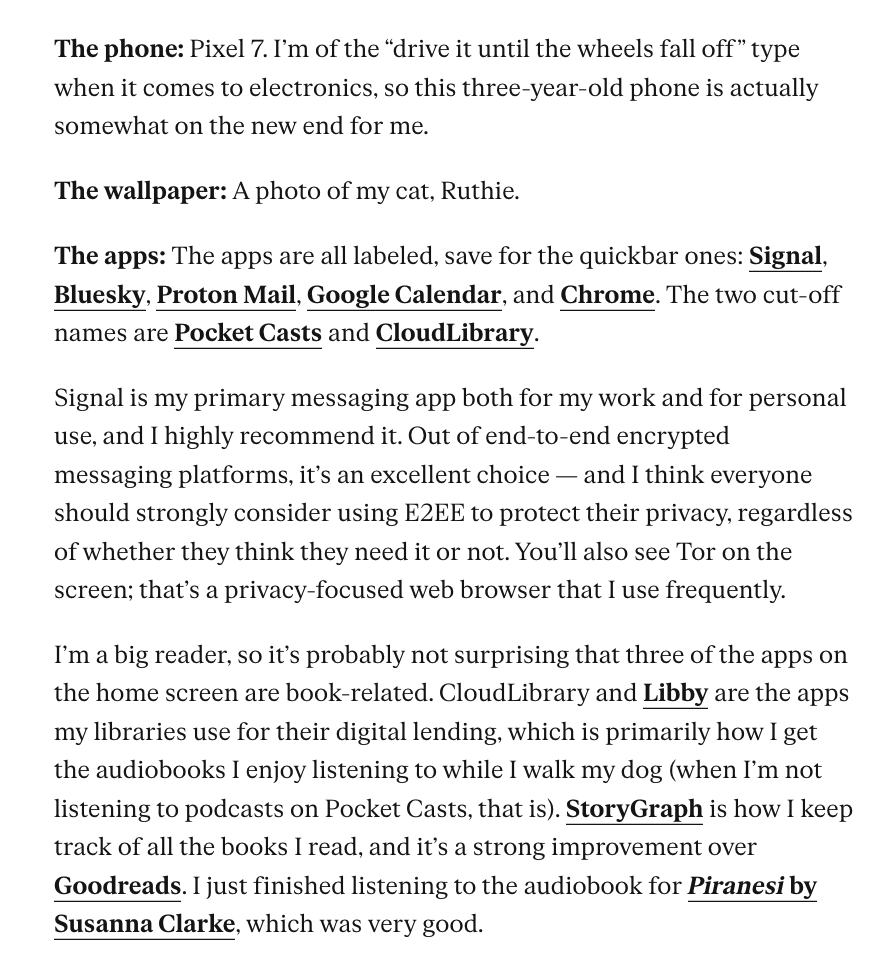 molly0xFFF's tweet image. my phone homescreen is featured in the "Screen share" section of yesterday's issue of The Verge's Installer newsletter. let me lure you in with a picture of my cat and then convince you to use e2ee messaging
theverge.com/installer-news…