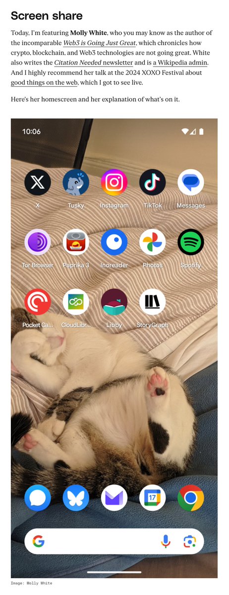 molly0xFFF's tweet image. my phone homescreen is featured in the "Screen share" section of yesterday's issue of The Verge's Installer newsletter. let me lure you in with a picture of my cat and then convince you to use e2ee messaging
theverge.com/installer-news…