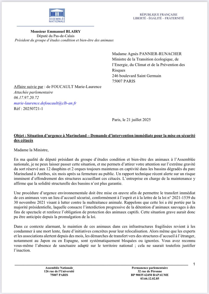 BlairyEmmanuel's tweet image. 🚨 #MARINELAND : La situation est grave ! Président du GE bien-être et condition des animaux, je demande, avec 57 parlementaires, l’intervention immédiate de l’État pour sauver les 12 dauphins et les 2 orques des bassins . @AgnesRunacher doit employer tous les moyens pour eux !