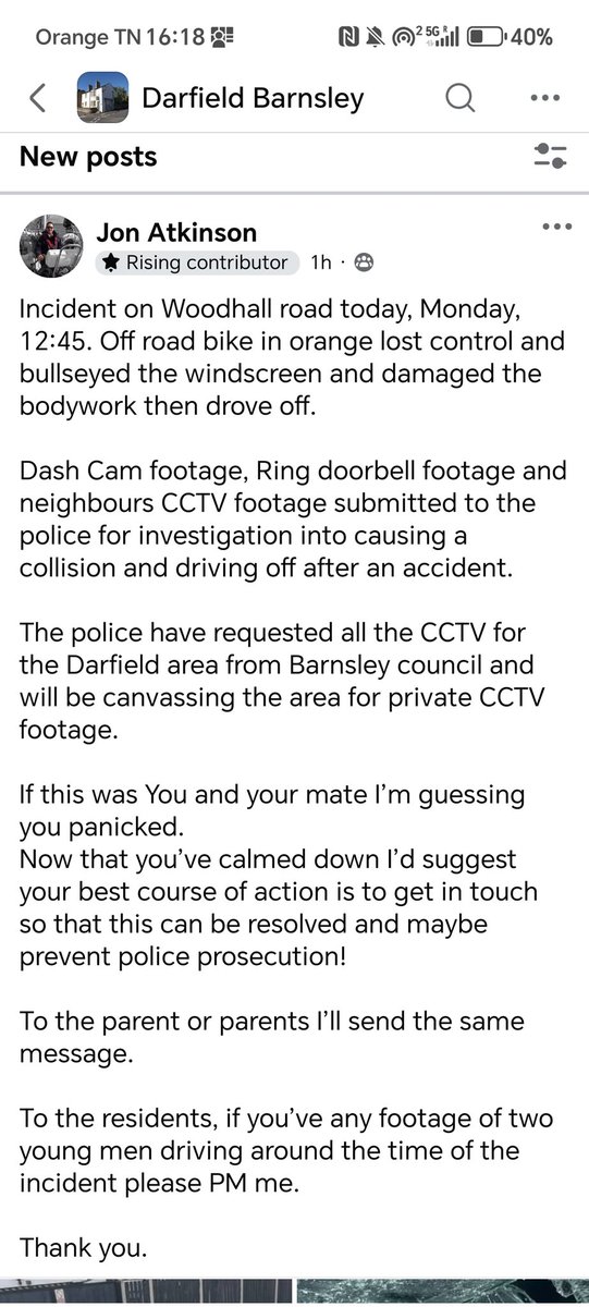 An incredibly lucky escape for the rider and pillion but shocking damage to an innocent drivers vehicle.  Some in our community will know who has done this.   Give the name(s) to South Yorkshire Police via 101 or anonymously via Crimestoppers.  This is no longer a game.