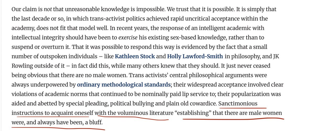 BrandonWarmke's tweet image. "Sanctimonious instructions to acquaint oneself with the voluminous literature 'establishing' that there are male women were, and always have been, a bluff."
Not only were professional philosophers using this move, many were persuaded by it and thus considered the matter closed.