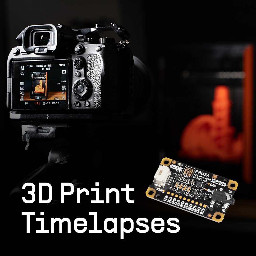 Prusa3D's tweet image. Want beautiful timelapse videos of your 3D prints? 💡Our latest article shows how to use the Prusa GPIO Hackerboard to trigger external digital cameras directly from your printer. Wired, wireless, or even smartphone setups—it's all covered, including easy G-code tips and turning…
