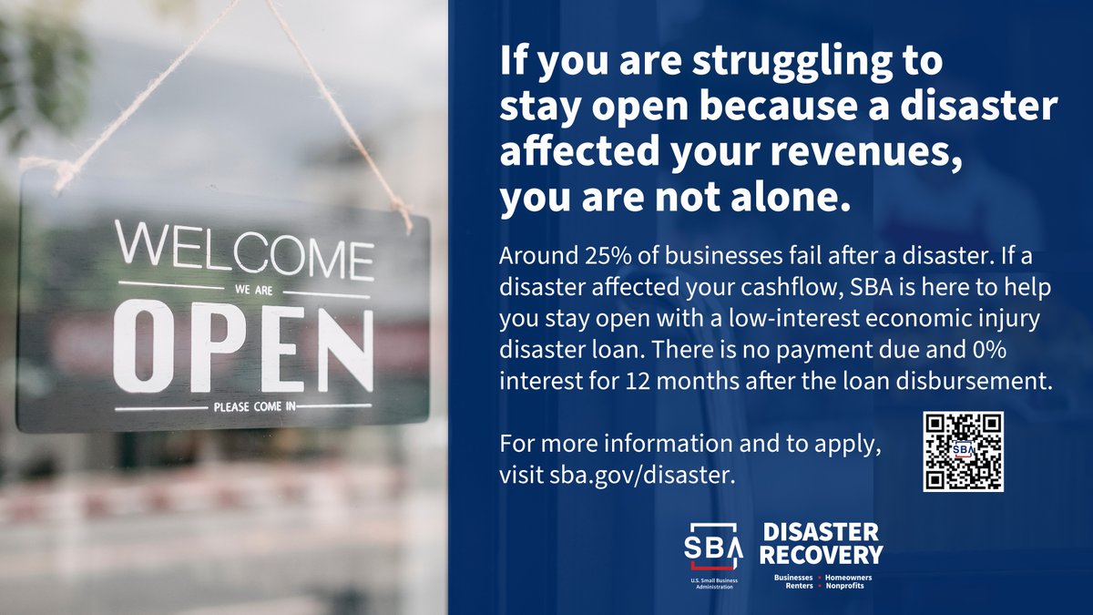 SBA_ODRR's tweet image. If a disaster has impacted your revenue, you're not alone. @SBagov is here to help you stay open with a low-interest Economic Injury Disaster Loan. 0% interest for 12 months & no payments due. Apply today: sba.gov/disaster