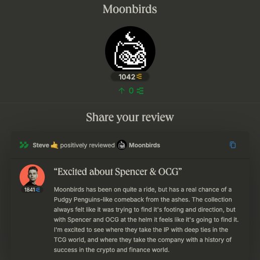 SteveKBark's tweet image. I just left a positive review for @moonbirds on @ethos_network. I noticed it had a lower score from previous transgressions, but this is there Ethos can thrive. If people who are excited about the direction leave fresh reviews, it raises the score while keeping the past visible.